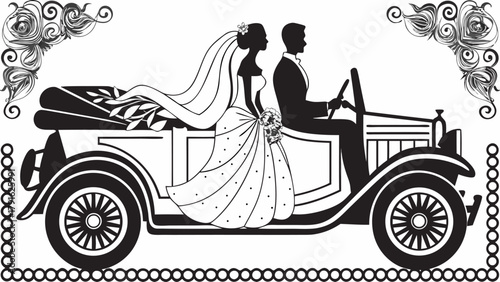 Elegant wedding getaway! Newlyweds driving off into married life in a classic vintage car, adorned with beautiful floral elements, timeless romance, silhouette art