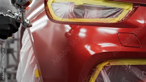 A car body shop technician uses a spray gun to apply a metallic red paint to a car bumper during a repair and restoration process video 4k