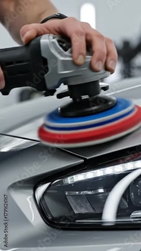 A closeup shot of a car detailing professional using a polishing machine to buff and shine the silver paintwork of a vehicle video 4k