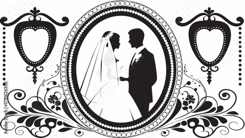 Elegant wedding design featuring a bride and groom silhouette embraced in a decorative frame, perfect for invitations, cards, or announcements