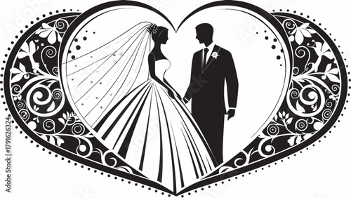 Elegant wedding silhouette of bride and groom holding hands inside ornate heart, symbolizing love, partnership, and commitment, ideal for invitations