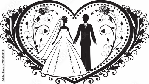 Celebrate eternal love and commitment with this elegant wedding couple silhouette inside a decorative floral heart, perfect for invitations and romantic designs