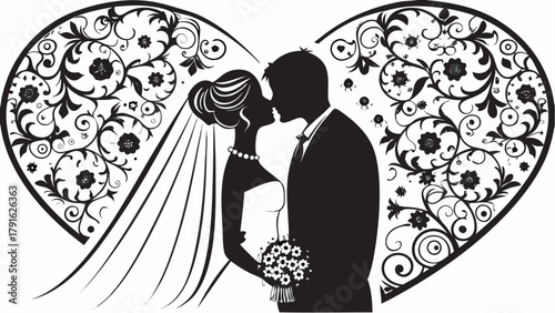 Elegant wedding silhouette with ornate floral heart, perfect for invitations and romantic designs, representing love, commitment and a beautiful celebration
