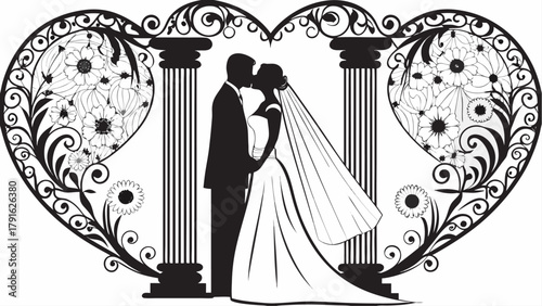Elegant wedding couple silhouette kissing within floral heart frame, perfect for invitations or romantic designs, celebrating love and commitment, originally vector