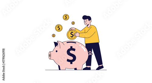 A man is saving money by putting coins into a piggy bank.