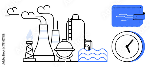 Factory with chimneys, storage tanks, water waves, digital wallet, and clock. Ideal for industry, finance, time management technology sustainability economy innovation. Simple flat metaphor