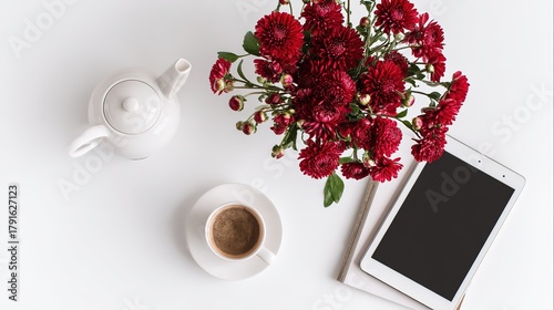 Minimalist Home Office Arrangement: Red Chrysanthemum, Tea Set and Tablet
