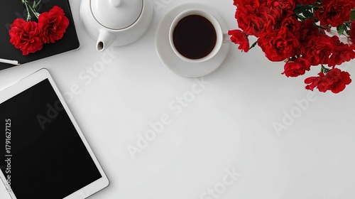 Minimalist Office Home Arrangement: Red Carnation, Tea Set, Tablet and Notebook
