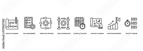 Banner Project Management Plan icon. Project Planning, Task Management, Workflow Process, Team Coordination, Schedule Tracking, Strategy Planning, Milestone Progress, Project Timeline