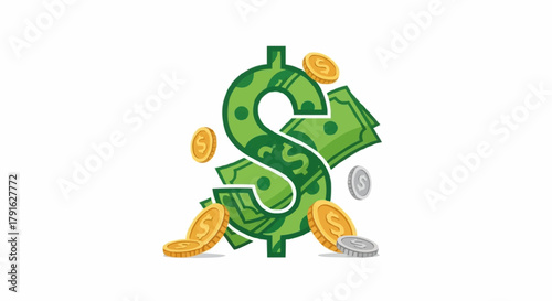 Dollar Sign Surrounded by Money and Coins.
