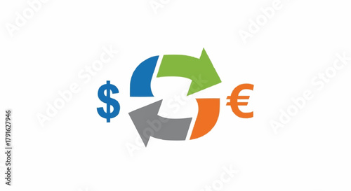 Currency exchange concept with dollar and euro symbols in a cycle.