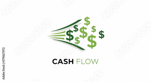 Cash flow concept with green dollar signs streaming from a source.