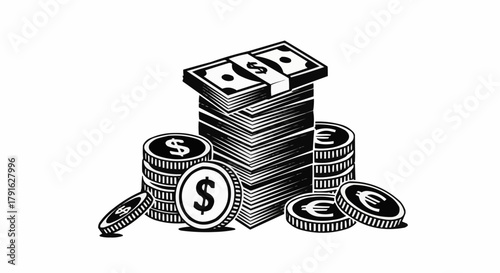 Hand-drawn illustration of stacked money and coins representing finance and wealth.