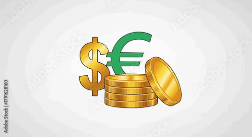 Golden Dollar and Euro Symbols with Stack of Coins.