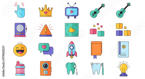 Collection of colorful cartoon icons representing diverse themes and concepts.