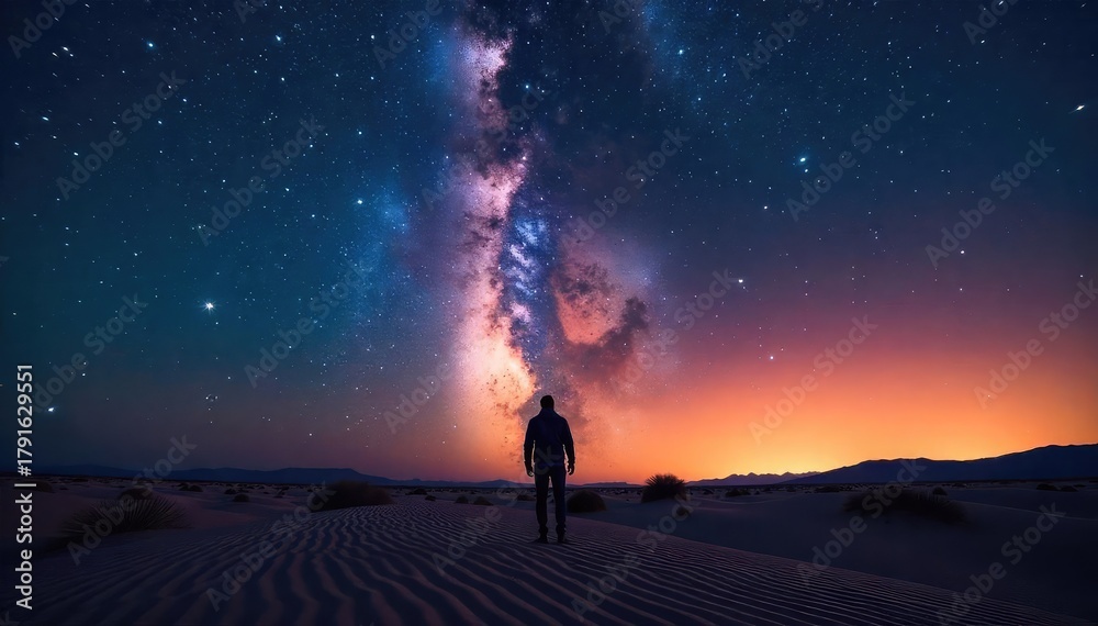 Fototapeta premium A solitary figure silhouetted against a vast, starlit desert landscape, conveying a sense of profound spiritual isolation and yearning for connection , spirituality, spiritual, existentialism
