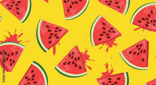 Seamless pattern of vibrant watermelon slices with red juice splashes on a bright yellow background.