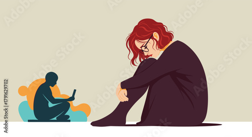 Woman with red hair hugging knees while a silhouetted figure looks at a phone in the distance.