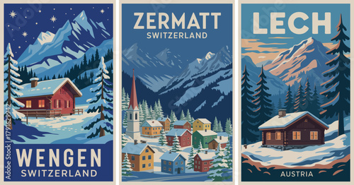 Retro ski travel posters featuring zermatt wengen switzerland lech austria vintage vector illustrations