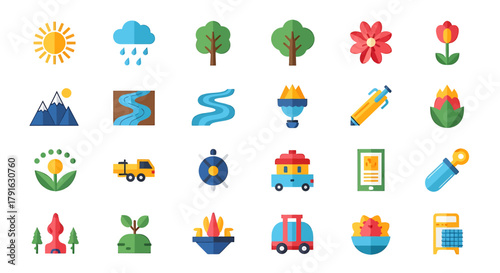 Collection of colorful nature and environment themed vector icons.