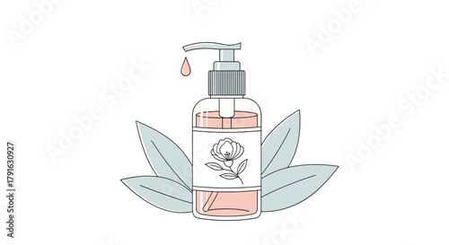 Stylized illustration of a pump bottle with a pink liquid and a floral label, surrounded by leaves.