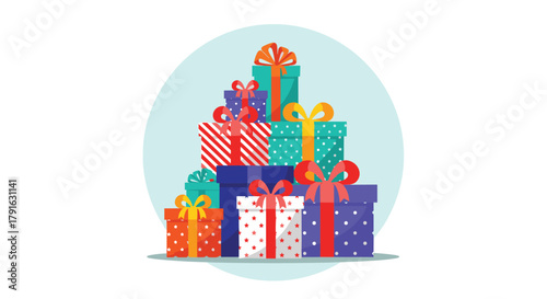 A festive pile of colorful gift boxes with ribbons and bows for a special occasion.