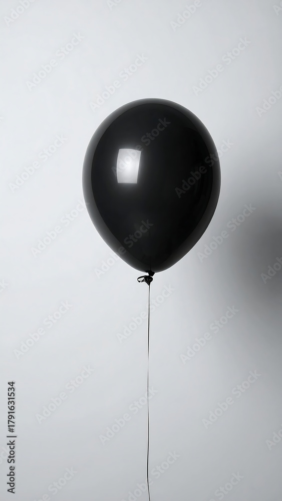 Obraz premium A singular, spherical black balloon, tethered by a thin string, floats in front of a plain white background, capturing a clean and minimalistic aesthetic