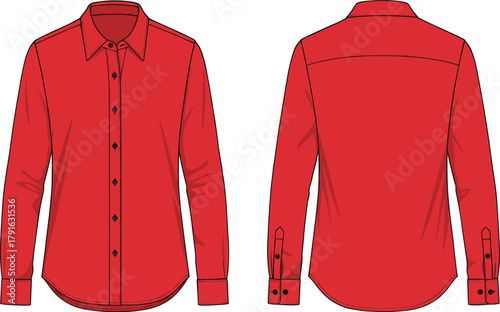 Technical flat sketch of red long sleeve button-up shirt front and back view with collar, cuffs, yoke, and placket.