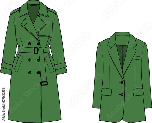 Vector illustration comparing green trench coat and blazer front views with lapels, buttons, pockets, and formal versus casual styling.