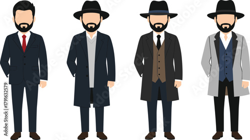 Vector illustration of four bearded men in formal and semi-formal outfits with suits, coats, hats, and stylish fashion variations.