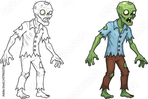 Zombie character in sketch and colored versions—cartoon undead design for horror, Halloween, character development, and art process themes.