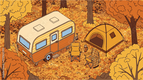 Camping Scene with Camper, Tent, and Autumn Leaves