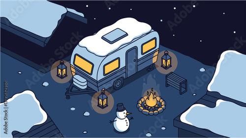 Isometric vector illustration of a caravan covered in snow with a warm campfire and lanterns on a cold winter evening
