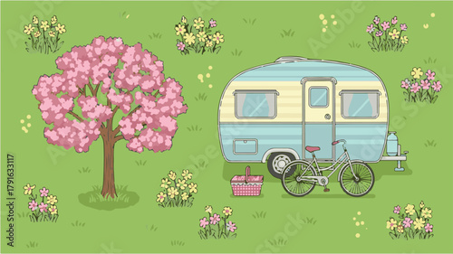 Camping Scene with a Vintage Trailer, Bicycle, and Blooming Tree in a Green Meadow