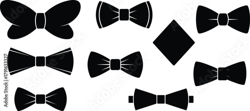 Black bow tie and handkerchief silhouette vector set featuring elegant formal fashion accessories for tuxedo, wedding, and party design.
