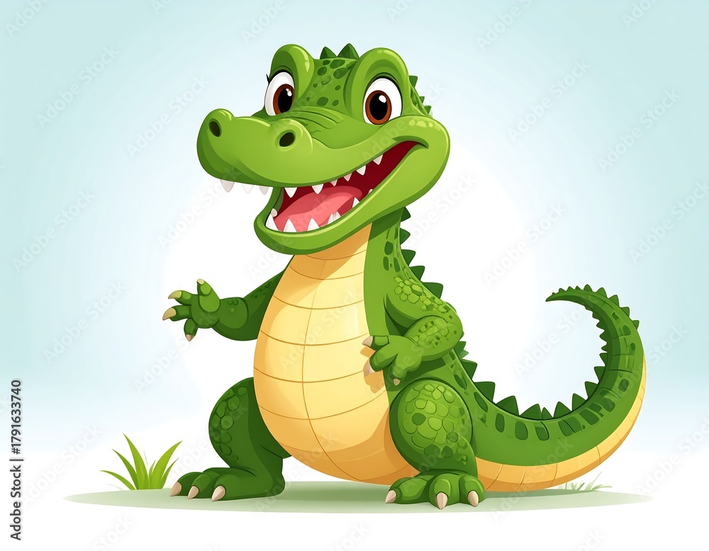 Fototapeta premium A smiling, friendly cartoon alligator with green skin and a cream-colored belly stands on grass with a light blue gradient background
