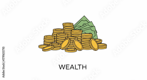 Pile of gold coins and banknotes representing wealth and financial success.