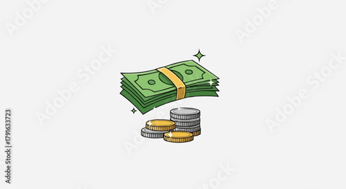 Stack of Green Banknotes and Coins Representing Financial Wealth and Savings.