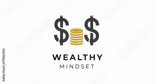 Wealthy Mindset Logo with Dollar Signs and Gold Coins.