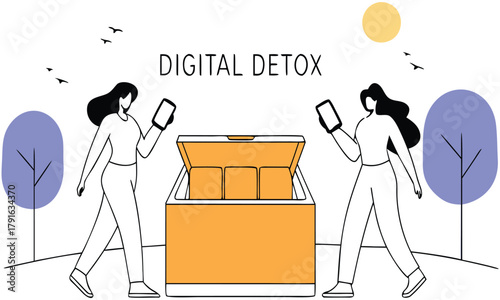 Two women walking towards an open digital detox box in a serene outdoor environment, holding mobile devices, surrounded by trees and a sunny sky