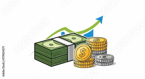 Money stacks and coins with an upward trend arrow representing financial growth.