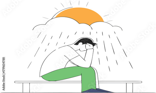 Depressed man sitting on a bench in the rain conceptual vector illustration of sadness and loneliness isolated on white background
