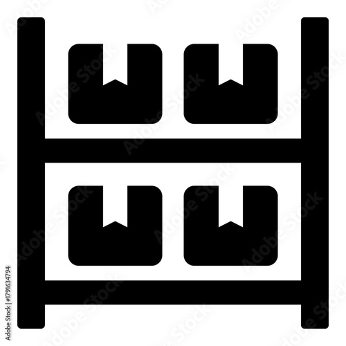 Warehouse solid icon, symbolizing logistics, storage, and supply management. Storehouse solid icon, representing inventory, goods, and cargo distribution.