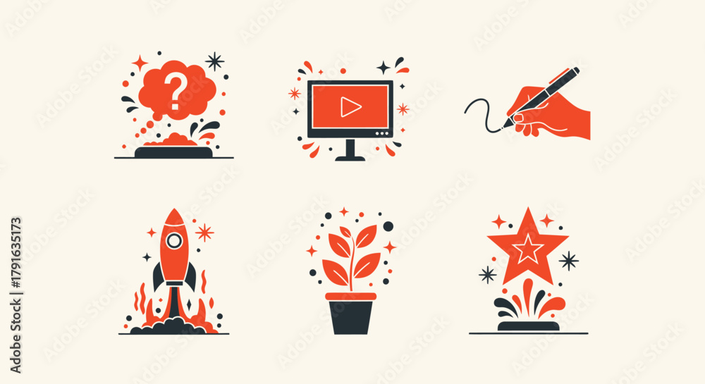 Fototapeta premium Set of Creative Process Icons - Idea, Video, Writing, Launch, Growth, Success.