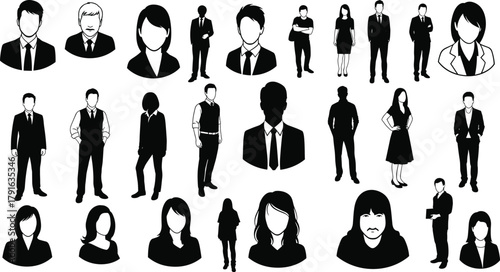 Black and white business people avatar vector illustration set featuring men and women in formal office attire and professional poses.