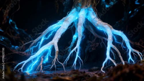Electrified Tree Roots Pulsating With Blue Energy In Darkness
