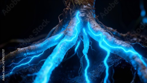 Glowing Plant Roots Emanating Electrical Energy