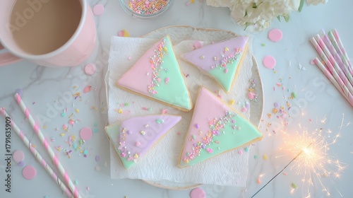 Colorful Triangle Cookies Party Scene, Creative Food Baking Photography with Pink Party Decor
