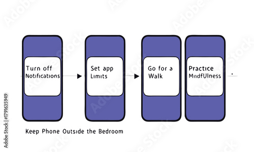 Digital detox steps illustrated with phone icons turn off notifications set app limits go for a walk practice mindfulness vector illustration