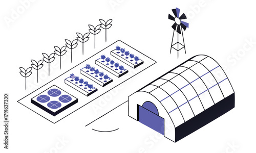 Isometric farm illustration with plants solar panels and greenhouse vector design for sustainable agriculture and renewable energy concepts